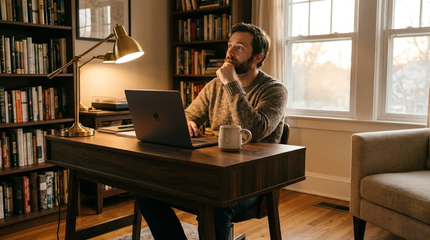 Ιδιοκτήτης eshop σκέφτεται μπροστά στο laptop του σε ποια πλατφόρμα να διαφημιστεί